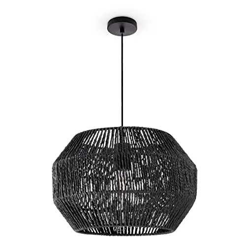 Paco Home Pendelleuchte Esstisch - Boho Hängelampe in Schwarz (Ø35cm) - Moderne Pendelleuchte für Esszimmer, aus robustem Aluminium mit leichtem Papier- und Metallschirm, sorgt für ein angenehmes Umgebungslicht und passt perfekt zu aktuellen Einrichtungstrends.