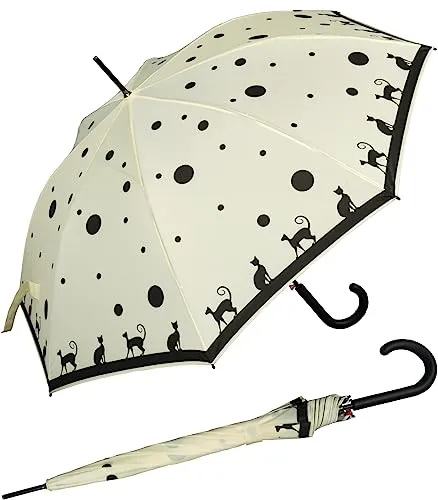 Knirps Damen Stockschirm E.703 Automatik - Cat ecru - Eleganter Stockschirm für Damen mit Katzen-Motiv, leicht und stabil, ideal für jedes Wetter. Mit Automatikfunktion und komfortablem Öffnungsmechanismus für höchsten Komfort.