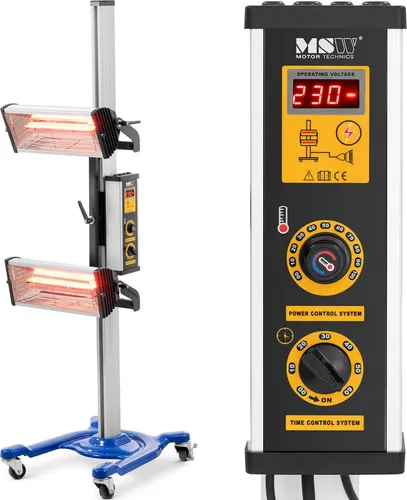 MSW Infrarotstrahler IR-Lacktrockner 2000 W - Profi Kfz Werkstatt - Infrarotstrahler für Kfz-Werkstätten, mit 2 x 1.000 W Strahlern für schnelle, blasenfreie Lacktrocknung. Mobil einsetzbar, digitale Steuerung und einstellbare Höhe bis 160 cm.