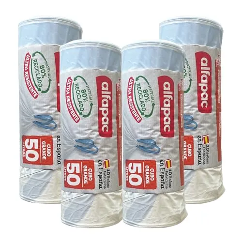 80% recycelt, 4 Rollen mit 10 Müllbeuteln (40 Beutel), 50 l, 68 x 75 cm, selbstschließend, weiß