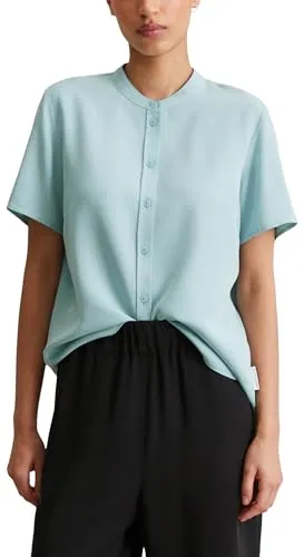 Marc O'Polo Denim Damen Kurzarmbluse mit Stehkragen, Blau (Blue Fog), S - Blusen & Tuniken für Damen: Elegante Kurzarmbluse aus 100% Lyocell für hohen Tragekomfort, mit kleinem Stehkragen für einen zeitlosen Look – perfekt für vielseitige Outfits.