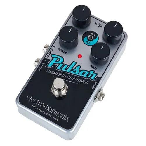Electro Harmonix Nano Pulsar Tremolo Effektpedal - Gitarren-Effektgerät; kompaktes Tremolo mit Mono- und Stereo-Ausgang, bietet vielseitige Wellenformen für kreative Klanggestaltung.