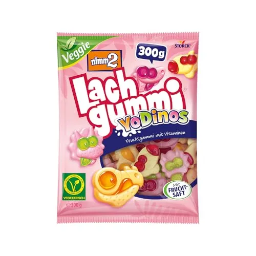 nimm2 Lachgummi YoDinos – 1 x 300 g – Vegetarische Fruchtgummis mit Fruchtsaft, Vitaminen und Joghurt – Süßigkeit in vier Geschmackskombinationen