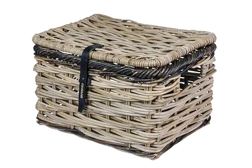Basil Dijon L Rattan Fahrradkorb - Luxuriöser Vorderradkorb aus handgeflochtenem Rattan in Grau/Schwarz, 28 l Volumen, ideal für Einkäufe und Picknicks, umweltfreundlich und stilvoll.
