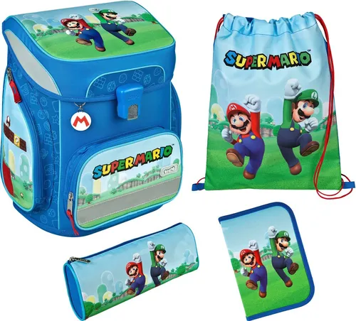 Scooli EasyFit Schulranzen Set - SUPER MARIO 5-teilig 2024 - Schulranzen Set mit coolem Super Mario Design, ideal für Kids! Inklusive Brustgurt, leicht und geräumig mit 18l Volumen.
