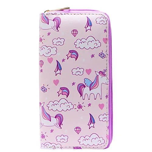 DonDon Geldbörse Damen mit Reißverschluss Portemonnaie Geldbeutel Damen Kinder Mädchen Einhorn-Welt
