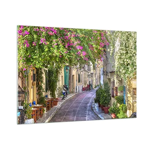 Bilder auf Glas 100x70cm Glasbild Straße dekoration blumen griechenland Groß Wanddeko Bild im Glas Schlafzimmer Küche Deko Wandbilder Dekoration Wohnzimmer Modern Wand Kunstdruck Art GAA100x70-2429