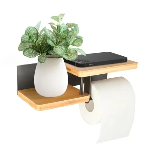 ZkateTrade Toilettenpapierhalter Holz, Klopapierhalter Ohne Bohren, Toilettenpapierhalter aus Stahl & Holz, Klopapierhalter mit Ablage für Küche, Badzimmer
