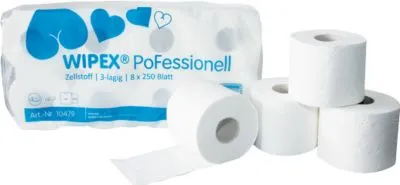 Wipex Toilettenpapier PoFessionell 10479, 3-lagig, 250 Blatt - Hochwertiges 3-lagiges Toilettenpapier aus 100% Zellstoff, ideal für Hotel, Gastronomie und Pflegebereiche. Mit angenehmer Haptik und Blumenmotiv-Prägung.