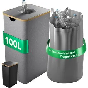 NewHabitat Pfandflaschen-Sammelbehälter 64418, 100 Liter - Aufbewahrungsbehälter mit Deckel, mit selbstschließendem Einwurfloch und nachhaltigem Bambusdeckel für geruchsfreie Aufbewahrung von bis zu 30 Pfandflaschen.