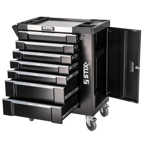 Stix UltimatePro A7 Werkstattwagen mit 7 Schubladen & Seitenschrank, Edelstahl-Arbeitsplatte, Zentralverriegelung, Profi-Werkzeugwagen für Garage & Industrie