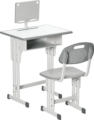 HOMCOM Kinderschreibtisch und -stuhl mit Leseständer, Ablagefach, Haken und Stifthalter – Höhenverstellbar – 60 x 45 x 90–102 cm – Grau