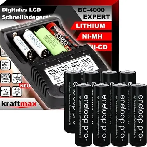 BC-4000 EXPERT Ladegerät mit 8 Eneloop Pro AA Akkus - Premium Set - Batterien & Ladegerätesets: Modernes Ladegerät mit 4 unabhängigen Ladeschächten, erkennt Akkutypen automatisch und regeneriert tiefentladene Akkus - ideal für E-Zigaretten und mehr.