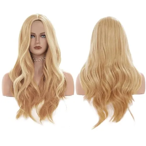 Lange Gewellt Blonde Perücke,Natürliche Synthetische Hitzebeständige Perücke Gold,70 cm Lang,Wig Für Alltag,für Rollenspiele und Partys Emulation