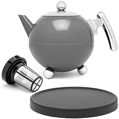 Bredemeijer Bella Ronde Edelstahl-Teekannen-Set 1,2L - Doppelwandige Edelstahlkanne mit Füßen, Kugelform, grau - Mit schwarzem Untersetzer & Tee-Filter Sieb-Aufsatz für losen & Blätter-Tee