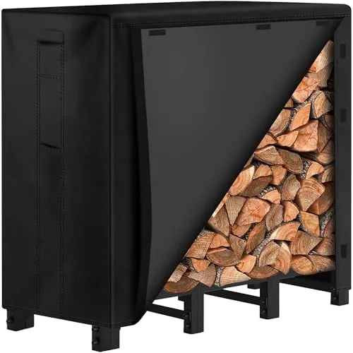 Amagabeli Kaminholzregal mit Abdeckung, 122x36x107 cm, Stahl Brennholzregal Aussen, wasserdichte 600D Plane für Garten, Terrasse, Kamin, Schwarz