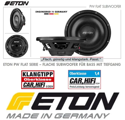 ETON PW 12 Flat – Flacher 30 cm Subwoofer für kraftvollen Bass - Car-HiFi-Lautsprecher mit nur 95 mm Einbautiefe, 2 x 350 Watt Leistung und extrem antriebsstarkem Ferritmagnet für satten Klang und hohe Pegel.