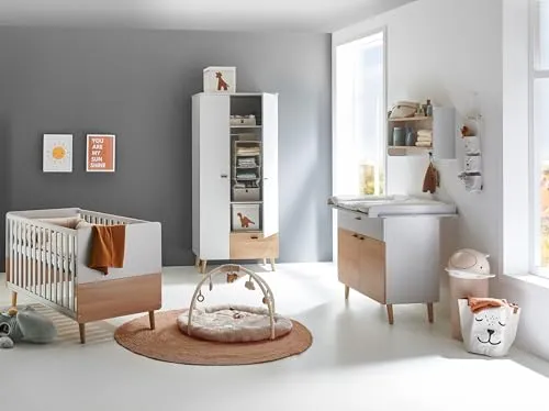 Arthur Berndt Babyzimmer Set Lovis, 3-teilig mit Kleiderschrank, Wickelkommode und Babybett, Lichtgrau und Nagano Eiche, 70 x 140 cm, mit Soft-Close (2-türiger Kleiderschrank)