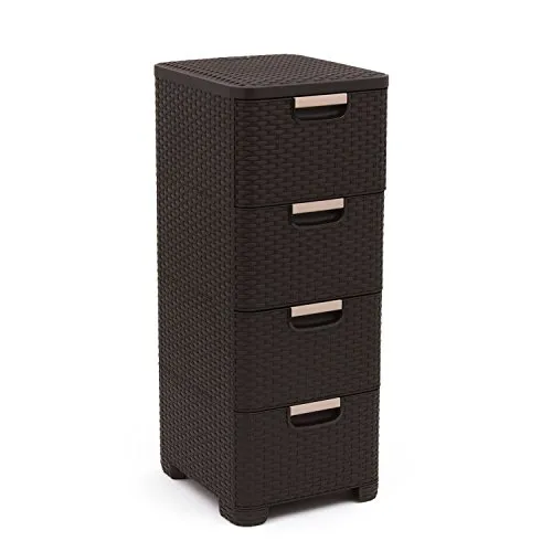 Bücherregal Curver Style 4 Schubladen Dunkelbraun - Regal mit 4 Schubladen in Rattan-Optik, ideal für modernes Wohnen. Perfekt für Wohnzimmer, Schlafzimmer oder Badezimmer und ohne Werkzeug einfach montierbar.