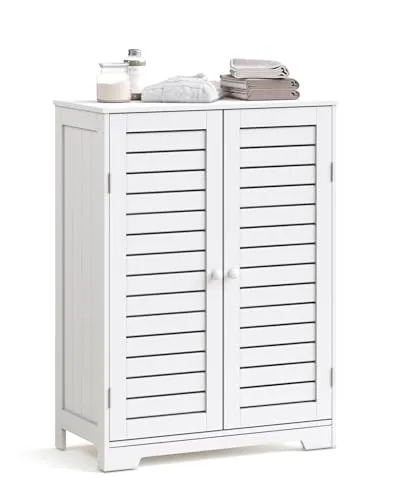 Mondeer Badezimmerschrank, Freistehender Badschrank mit 2 Lamellentüren und 2 Verstellbaren Regalebenen Moderne Stil, Für Badzimmer Küche Wohnzimmer, 60 x 30 x 80cm, Weiß