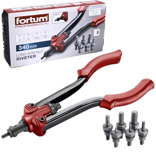 Fortum Hand-Nietmutternzange für Gewindenieten I Nietmutter-Zange für M3-M12 Nietmuttern aus Alu, Messing, Stahl & Edelstahl I 34cm lange, kraftvolle Nietzange inkl. Zugstifte