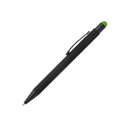 5x Touchpen Kugelschreiber / aus Metall / Farbe: schwarz mit hellgrünen Stylus