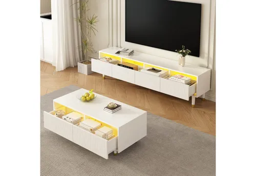 STILVORA LED Couchtisch mit gewellter Platte und 2 Schubladen - Moderner Couchtisch mit gewellter Tischplatte und eleganten Massivholzbeinen in Gold-Weiß. Genießen Sie stimmungsvolles Licht mit 7 Farben und praktischen Stauraum durch zwei geräumige Schubladen – ideal für Ihr Wohnzimmer.