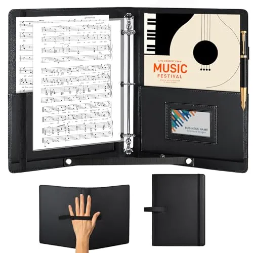 WIYETY A4 Schwarz Kunstleder Notenmappe: Chormappe für Musiknoten mit Handgurt und Innentasche, Registermappen Music Sheet Chormappe für Notenblätter Instrumentalist Musiker