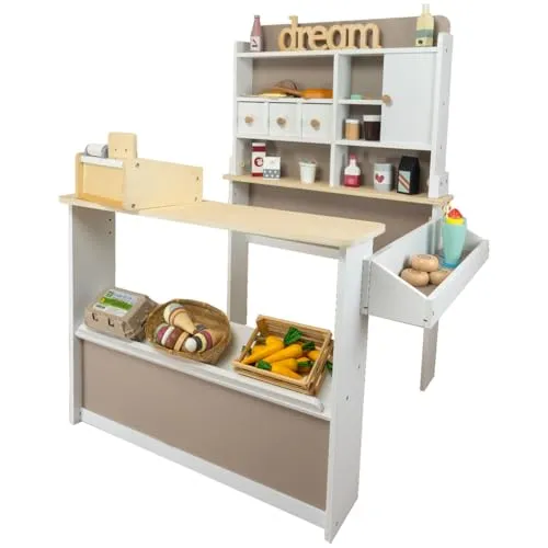 Meppi Kaufladen Nougat aus Holz - Kaufmannsladen für Kinder - Kaufläden & Zubehör mit 3 Holz-Schubladen und flexibler seitlicher Auslage für kreatives Spielen und Rollenspiele.