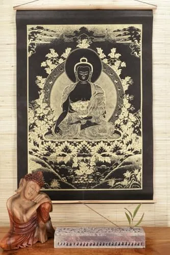 GURU SHOP Buddhistischer Wandbehang aus Loktapapier, Tibetischer Buddhismus Dekoration - Buddha-Shakyamuni/gold, 70x47 cm
