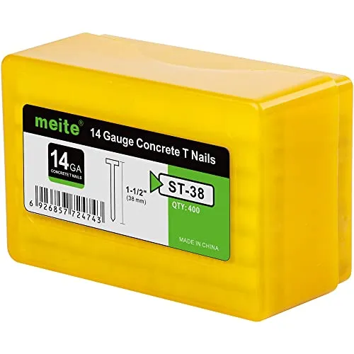 meite 14 Gauge Betonnägel 38 mm, T-Nägel für Betonnagler, 400 Stück | Verzinkte, Klebegebundene Stahl-T-Nägel für Lattung, Terrassendielen, Dachbinder und Bauarbeiten