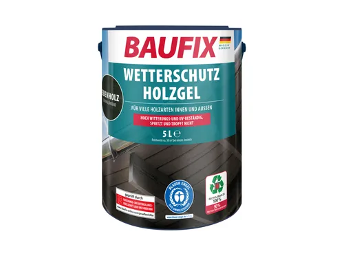 BAUFIX Wetterschutz-Holzgel 5 l (Ebenholz) - Tropfgehemmte Holzlasur - Versiegelung & Fleckenentferner, ideal für Überkopf-Arbeiten, witterungs- und UV-beständig, einfach zu verarbeiten ohne Spritzen und Tropfen.