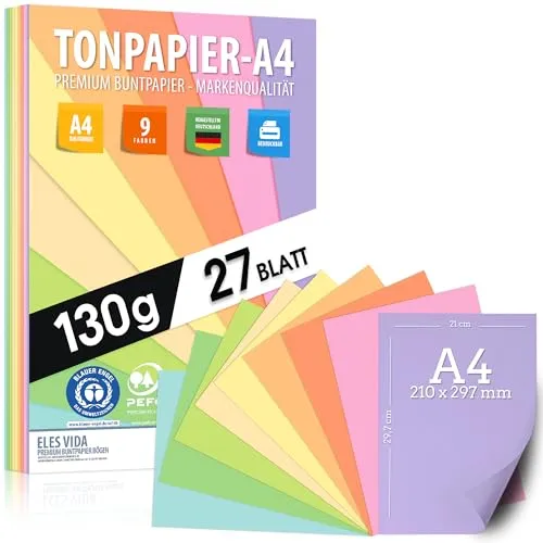 Pastell Tonzeichenpapier DIN A4-27 Blatt– 130 g - 9 Farben – Festes Papier - Farbige Blätter für Schule, Hobby - Kinder, Buntpapier Pastellfarben - BLAUER ENGEL & PEFC zertifiziert - MADE IN GERMANY