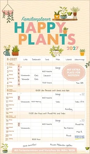 Familienplaner Happy Plants 2027: Familientimer, 6 große Spalten. Mit Ferienterminen, extra Spalte und Vorschau bis März 2027 und vielem mehr. Format: 27 x 46 cm