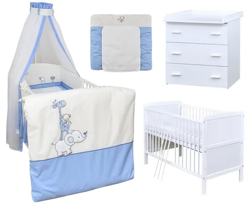 Baby-Delux Babyzimmer-Komplettset Babyzimmer 140x70 weiß Komplettset, (13-tlg), Babybett Wickelkommode Bettwäsche Set Komplettzimmer