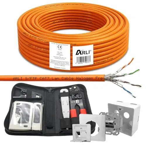ARLI Cat7 Verlegekabel 50m Set mit Netzwerkdose und Werkzeug - Netzwerkkabel-Set mit 50 m Cat7 Kabel für Übertragungen bis 10 Gbit/s, inklusive Crimpzange und Tester für einfache Installation und höchste Störsicherheit.
