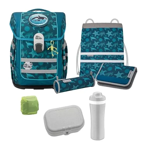 Sealife Schulranzen Set Orca Wal Blau - Ergonomisches 8-teiliges Schultaschen-Set für Jungen, leicht mit nur 1.150g und 20L Volumen. Hergestellt aus recyceltem Ocean Plastic, ideal für die gesamte Grundschulzeit.