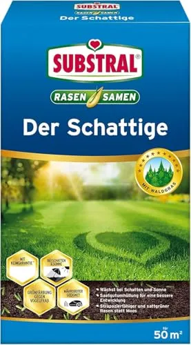 Substral Rasensamen Der Schattige - Premium Schattenrasen, 1 kg für 50 m² - Gräsersamen für schattige Stellen, mit Nährstoffbeschichtung zur schnellen Keimung und weniger Unkraut. Strapazierfähig und ideal für dichte, gesunde Rasenflächen.