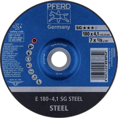 PFERD 62217426 E 180-4,1 SG STEEL Schruppscheibe - Zubehör für Elektrowerkzeug: Hochwertige Schruppscheibe für Stahl mit optimaler Schleiffreudigkeit und langer Standzeit, ideal für Wurzelnahtbearbeitung.