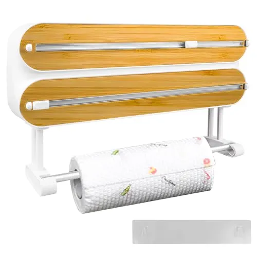 3-in-1 Frischhaltefolienspender, Wandrollenhalter Küche mit Cutter, Magnetisch Alufolienspender und Frischhalte, Frischhaltefolie Schneider mit Küchenrollenhalter ohne Bohren für Küche(Weiß)