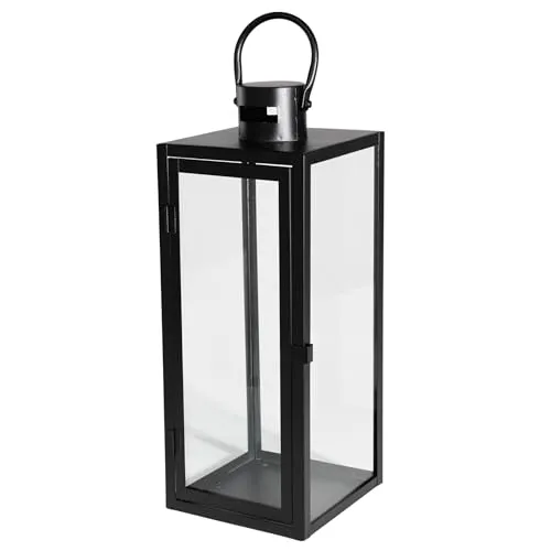 Laterne Metall Glas, dekorativer Lampion für Wohnzimmer & Outdoor – modern & elegant, in 3 Größen 38/49/63 cm & Farben Schwarz/Gold/Silber, auch als Set erhältlich (Schwarz, 63cm)