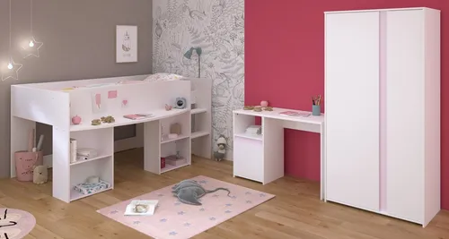 Parisot Jugendzimmer-Set (3-teilig) in Weiss/Rose oder Grau - Jugendzimmer-Set mit Hochbett, Kleiderschrank und Schreibtisch, ideal für kreative Rückzugsorte und platzsparend. Perfekt für stylische und funktionale Zimmer.