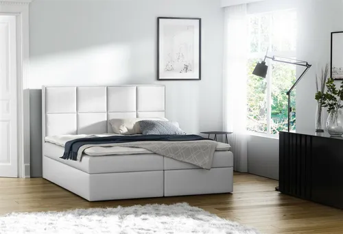 Boxspringbett MEDIANO 160x200 cm in Weiß mit Bettkasten - Elegantes Boxspringbett aus Kunstleder mit hochwertiger 7-Zonen-Taschenfederkernmatratze und hypoallergenem Topper. Ideal für erholsamen Schlaf im Schlafzimmer.