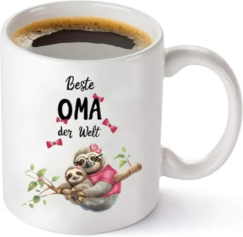 Merrwon Oma Faultier Tasse mit Spruch Beste Oma der Welt - 330ml Keramik Kaffeetassen mikrowellengeeignet spülmaschinenfest, Geschenke für O ma zu Geburtstag, Weihnachten und Muttertag