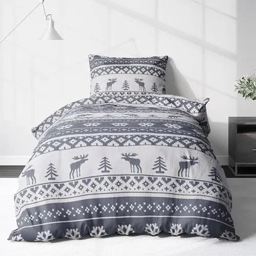 LINKHOFF Weihnachtsbettwäsche 135x200 / 155x220 - 2tlg Biber Bettwäsche mit Elch Motiven - Bettwäsche-Sets aus 100% Baumwolle, ideal für die Weihnachtszeit. Angenehme Biber-Qualität sorgt für Wohlfühlkomfort und langlebige Farbintensität.