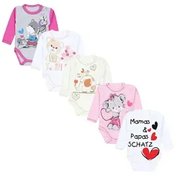TupTam Unisex Baby Langarmbody 5er Set - Bunte Baby-Wäsche aus 100% Baumwolle, ideal für empfindliche Haut, mit süßen Aufdrucken für einen fröhlichen Look.