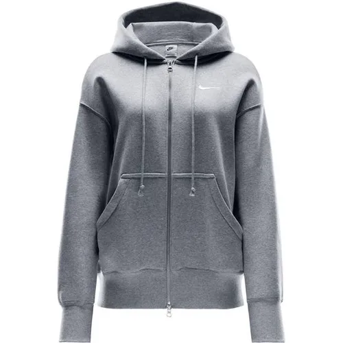 Nike Phoenix Kapuzenjacke Damen in dk grey heather-sail, Größe S - Bequeme Kapuzenjacke aus weichem Sweatstoff, ideal für Sport und Freizeit; bietet optimale Bewegungsfreiheit durch überschnittene Ärmel und praktische Seitentaschen.