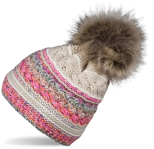 styleBREAKER Damen Strick Bommelmütze mit Buntem Mustermix und Fleece Futter, Winter Fellbommel Mütze, Strickmütze 04024202, Farbe:Beige-Bunt