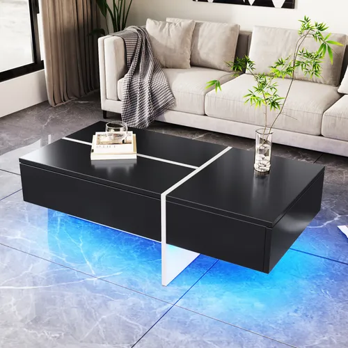 Merax Hochglanz Couchtisch mit LED Beleuchtung - Stylischer Couchtisch mit 3 Schubladen und Push-to-Open Funktion. Die intelligente LED-Beleuchtung ist per App steuerbar und setzt moderne Akzente in Ihrem Wohnzimmer.