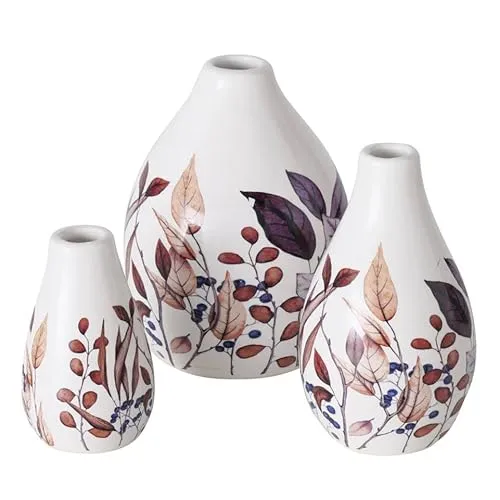 Boltze Home Dekovase BRINJA 3er-Set aus Steinzeug - Vasen-Set in verschiedenen Größen, ideal für stilvolle Inneneinrichtung. Hochwertige Keramik mit farbenfrohem, herbstlichem Blumenmuster, perfekt für kleine Blumenarrangements.